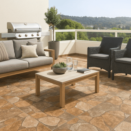 Piso cerámico 45x45 diseño piedra rústica en tonos marrón y gris, ideal para terrazas, escaleras y exteriores modernos - MARKET CERÁMICO