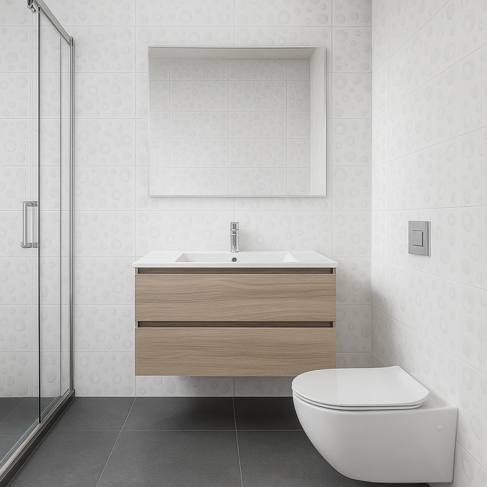 Baño moderno enchapado con mayólica blanca 30x60 diseño de círculos y piso porcelanato gris oscuro. Elegancia y calidad con MarketCeramico