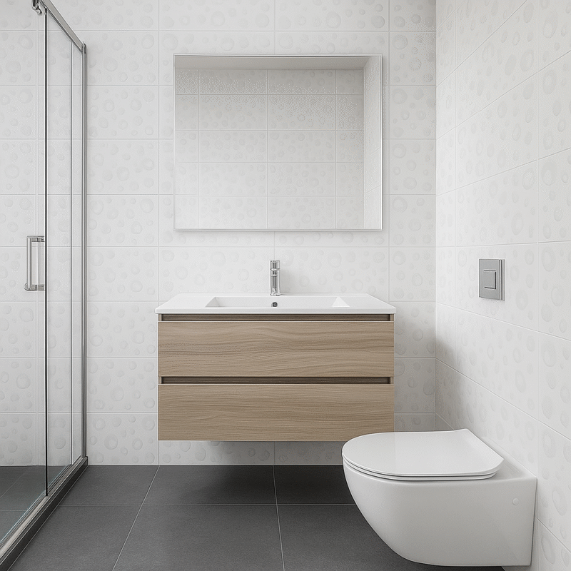 Baño moderno enchapado con mayólica blanca 30x60 diseño de círculos y piso porcelanato gris oscuro. Elegancia y calidad con MarketCeramico