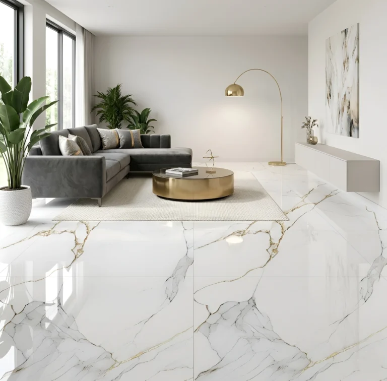 Porcelanato Vitri Calacatta Gold 60x60 cm brillante con vetas grises y doradas, diseño tipo mármol calacatta, 4 caras variadas.