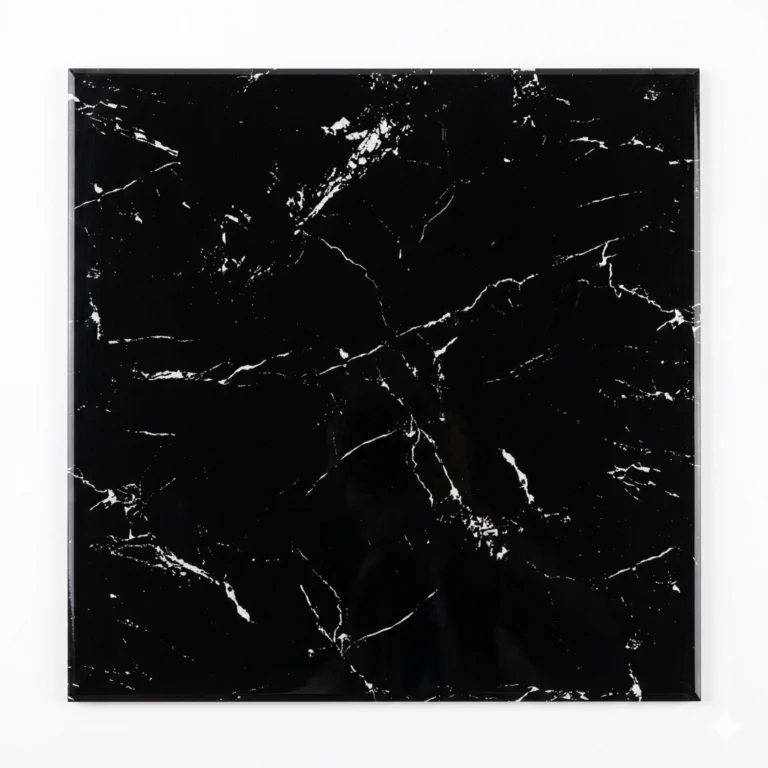 Porcelanato Vitri Reina Negro 60x60 cm brillante marmolizado con vetas blancas para pisos y paredes de tránsito medio en Perú Market Cerámico