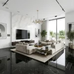 Porcelanato Vitri Reina Negro 60x60 cm brillante marmolizado con vetas blancas para pisos y paredes de tránsito medio en Perú Market Cerámico