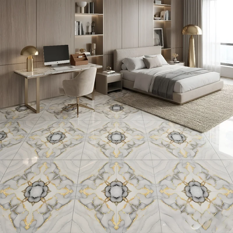 Porcelanato Imperial Gold 60x60 brillante marmolizado con vetas doradas para pisos y paredes