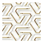 Porcelanato Vitri Laberinto Gold 60x60 brillante con diseño geométrico blanco y detalles dorados para pisos y paredes modernas.