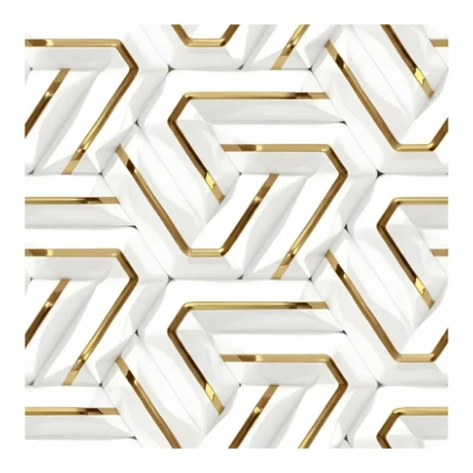 Porcelanato Vitri Laberinto Gold 60x60 brillante con diseño geométrico blanco y detalles dorados para pisos y paredes modernas.