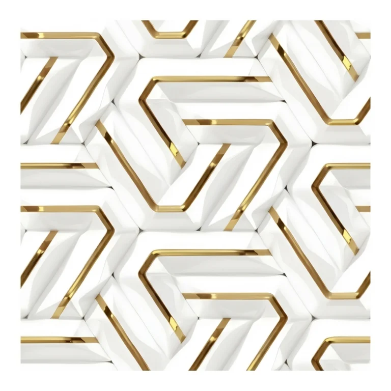 Porcelanato Vitri Laberinto Gold 60x60 brillante con diseño geométrico blanco y detalles dorados para pisos y paredes modernas.