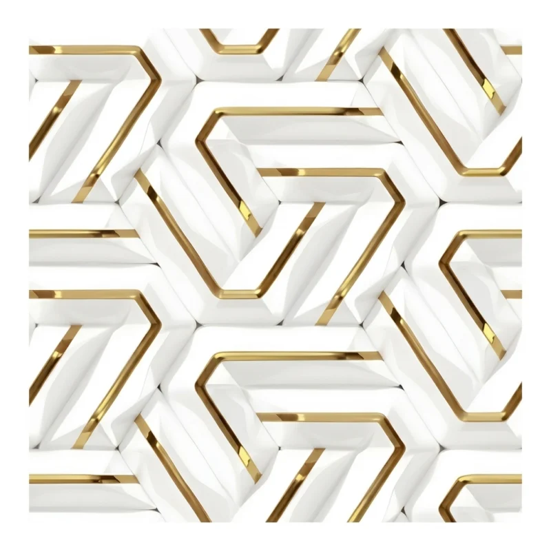 Porcelanato Vitri Laberinto Gold 60x60 brillante con diseño geométrico blanco y detalles dorados para pisos y paredes modernas.