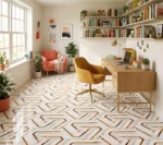 Porcelanato Vitri Laberinto Gold 60x60 brillante con diseño geométrico blanco y detalles dorados para pisos y paredes modernas.
