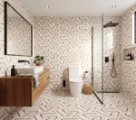 Porcelanato Vitri Laberinto Gold 60x60 brillante con diseño geométrico blanco y detalles dorados para pisos y paredes modernas.