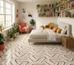 Porcelanato Vitri Laberinto Gold 60x60 brillante con diseño geométrico blanco y detalles dorados para pisos y paredes modernas.