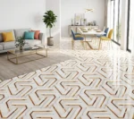 Porcelanato Vitri Laberinto Gold 60x60 brillante con diseño geométrico blanco y detalles dorados para pisos y paredes modernas.
