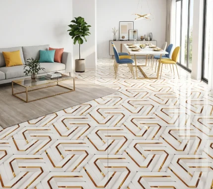 Porcelanato Vitri Laberinto Gold 60x60 brillante con diseño geométrico blanco y detalles dorados para pisos y paredes modernas.