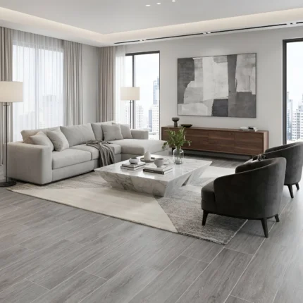 Tablón cerámico tipo madera Larice II grafito 30×60 cm, acabado mate, seis caras variadas, ideal para pisos de tránsito alto