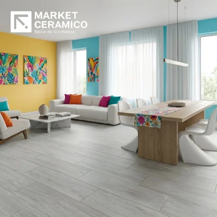 Tablón cerámico tipo madera Larice II gris 30×60 cm, acabado mate, seis caras variadas, ideal para pisos de tránsito alto.