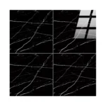 Porcelanato Vitri Alicante Negro 60x60 brillante tipo mármol negro con vetas blancas y caras variadas para pisos y paredes.