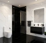 Porcelanato Vitri Alicante Negro 60x60 brillante tipo mármol negro con vetas blancas y caras variadas para baño.