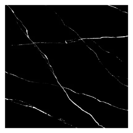 Porcelanato Vitri Alicante Negro 60x60 brillante tipo mármol negro con vetas blancas y caras variadas para pisos y paredes.