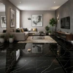Porcelanato Vitri Alicante Negro 60x60 brillante tipo mármol negro con vetas blancas y caras variadas para pisos y paredes.