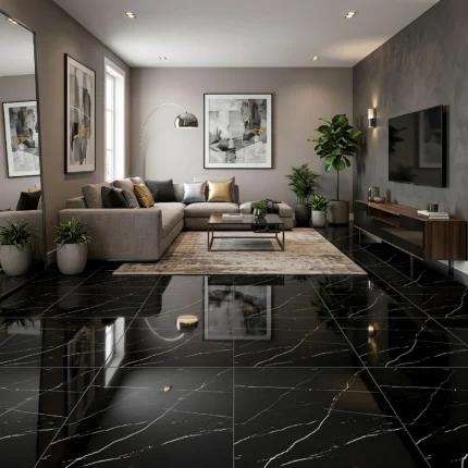Porcelanato Vitri Alicante Negro 60x60 brillante tipo mármol negro con vetas blancas y caras variadas para pisos y paredes.