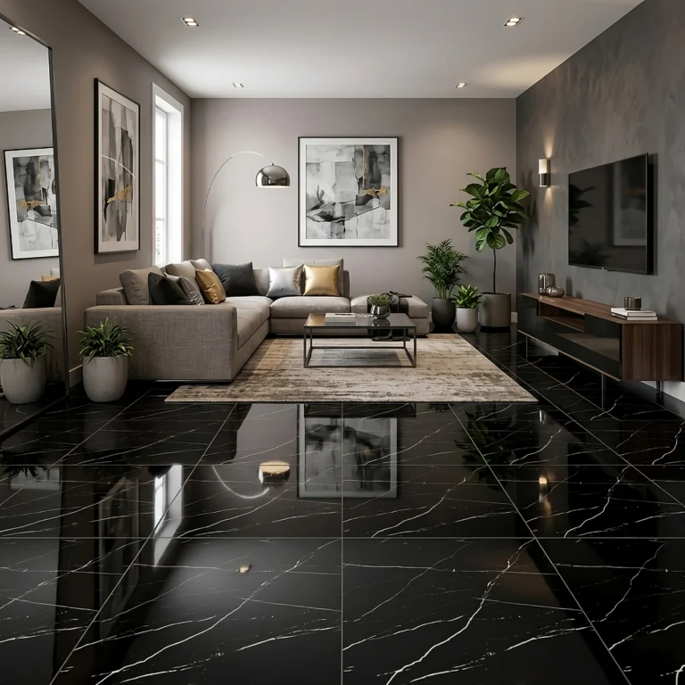Porcelanato Vitri Alicante Negro 60x60 brillante tipo mármol negro con vetas blancas y caras variadas para pisos y paredes.