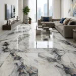 Porcelanato Vitri Marea Blue 60x60 cm brillante marmolizado con vetas azules y diseño elegante para pisos y paredes
