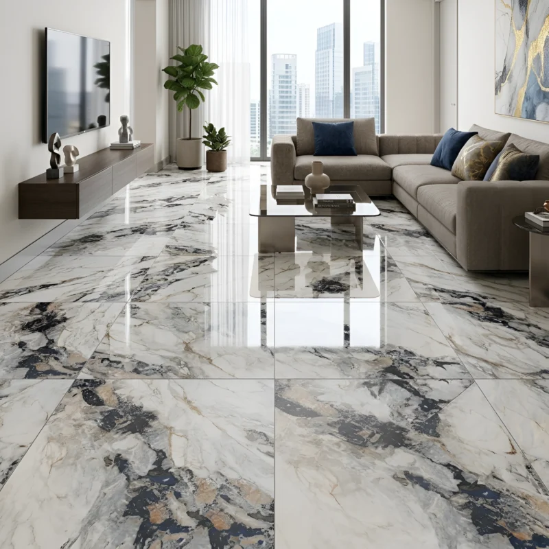 Porcelanato Vitri Marea Blue 60x60 cm brillante marmolizado con vetas azules y diseño elegante para pisos y paredes