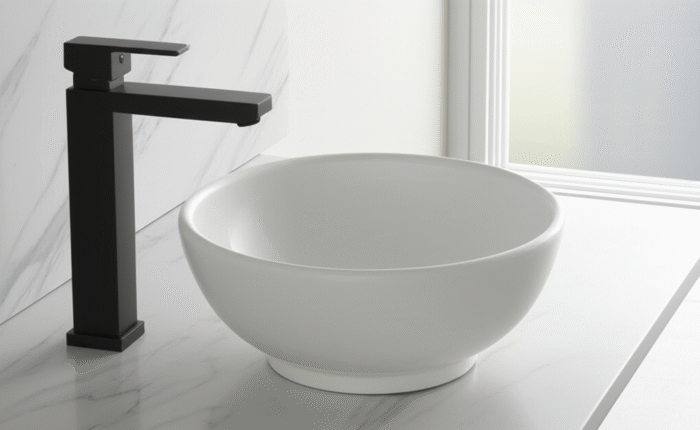 Lavatorio Luna blanco brillo de sobreponer, diseño esférico minimalista, 5,7 L de capacidad, en loza vitrificada.