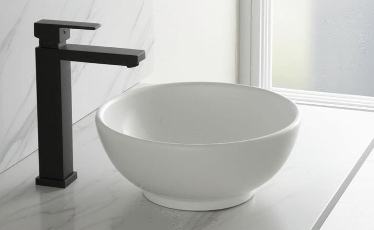 Lavatorio Luna blanco brillo de sobreponer, diseño esférico minimalista, 5,7 L de capacidad, en loza vitrificada.
