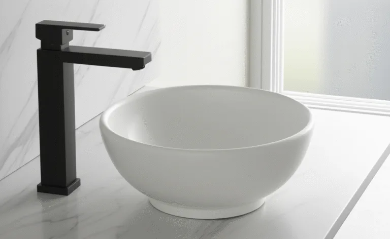 Lavatorio Luna blanco brillo de sobreponer, diseño esférico minimalista, 5,7 L de capacidad, en loza vitrificada.