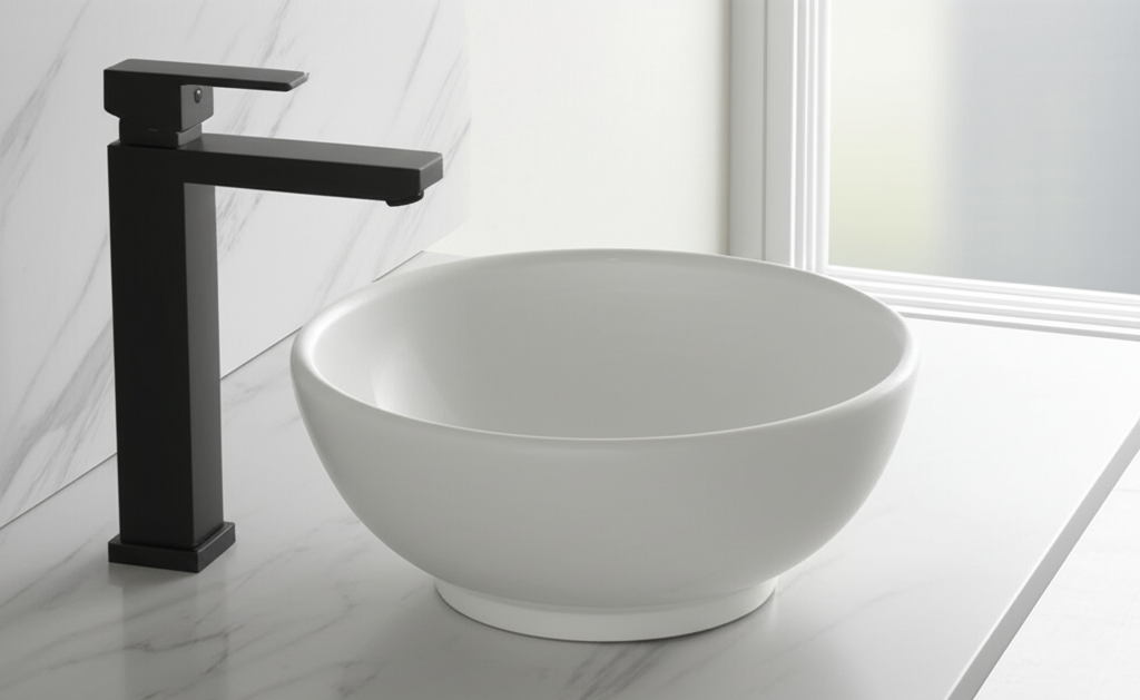 Lavatorio Luna blanco brillo de sobreponer, diseño esférico minimalista, 5,7 L de capacidad, en loza vitrificada.