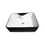 Bowl bicolor negro con fondo blanco de loza vitrificada, diseño moderno y fácil de limpiar para baños elegantes.