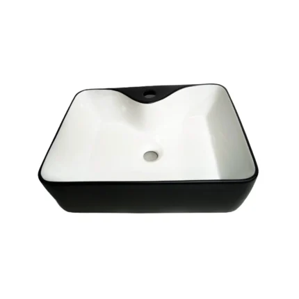 Bowl bicolor negro con fondo blanco de loza vitrificada, diseño moderno y fácil de limpiar para baños elegantes.
