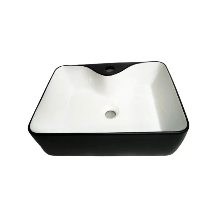 Bowl bicolor negro con fondo blanco de loza vitrificada, diseño moderno y fácil de limpiar para baños elegantes.