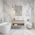 porcelanato Calacatta blanco 60x120, estilo mármol de alta gama en pisos y paredes. Diseño elegante con acabados minimalistas y equipamiento de lujo.