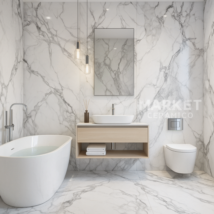 porcelanato Calacatta blanco 60x120, estilo mármol de alta gama en pisos y paredes. Diseño elegante con acabados minimalistas y equipamiento de lujo.