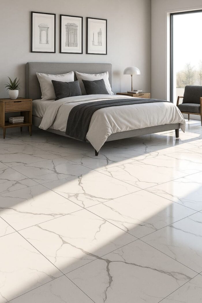 Porcelanato Carrara White 60x120 brillante, estilo mármol blanco con vetas grises. Elegancia, resistencia y diseño premium para pisos y paredes