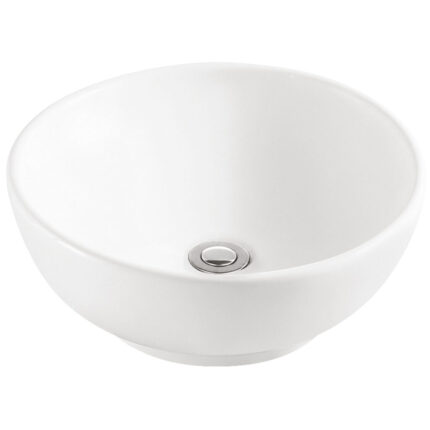 Lavatorio Luna blanco brillo de sobreponer, diseño esférico minimalista, 5,7 L de capacidad, en loza vitrificada.