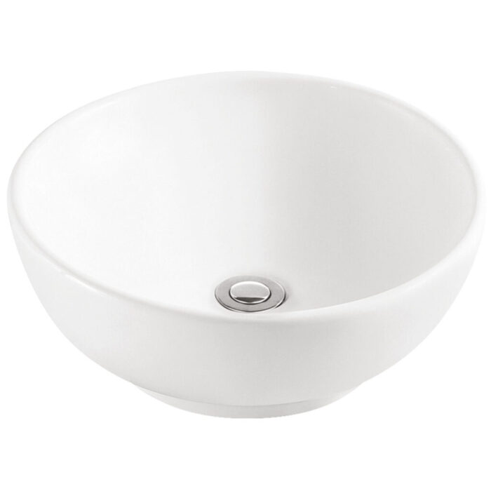 Lavatorio Luna blanco brillo de sobreponer, diseño esférico minimalista, 5,7 L de capacidad, en loza vitrificada.