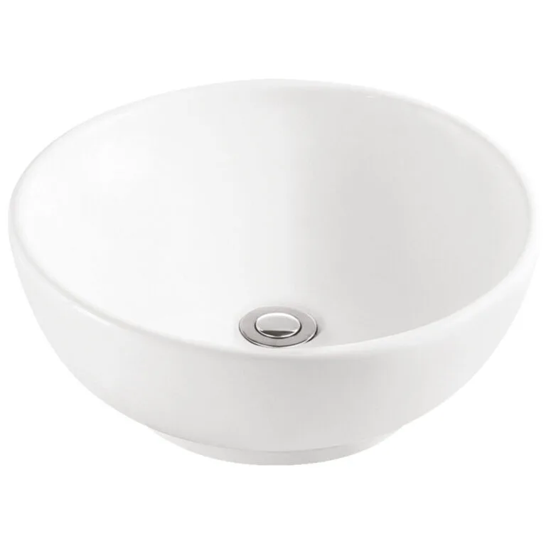Lavatorio Luna blanco brillo de sobreponer, diseño esférico minimalista, 5,7 L de capacidad, en loza vitrificada.