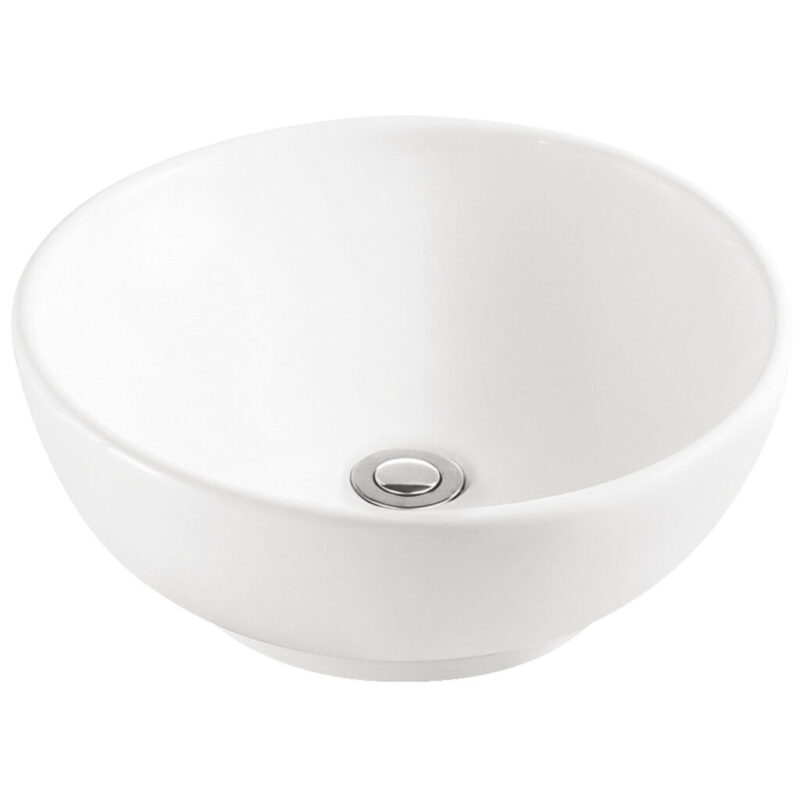 Lavatorio Luna blanco brillo de sobreponer, diseño esférico minimalista, 5,7 L de capacidad, en loza vitrificada.