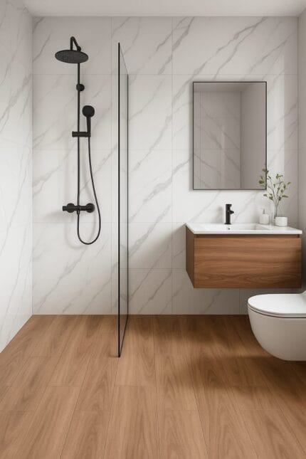 Porcelanato Carrara White 60x120 brillante, estilo mármol blanco con vetas grises. Elegancia, resistencia y diseño premium para pisos y paredes