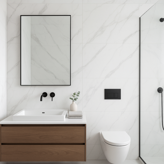 Porcelanato Carrara White 60x120 brillante, estilo mármol blanco con vetas grises. Elegancia, resistencia y diseño premium para pisos y paredes
