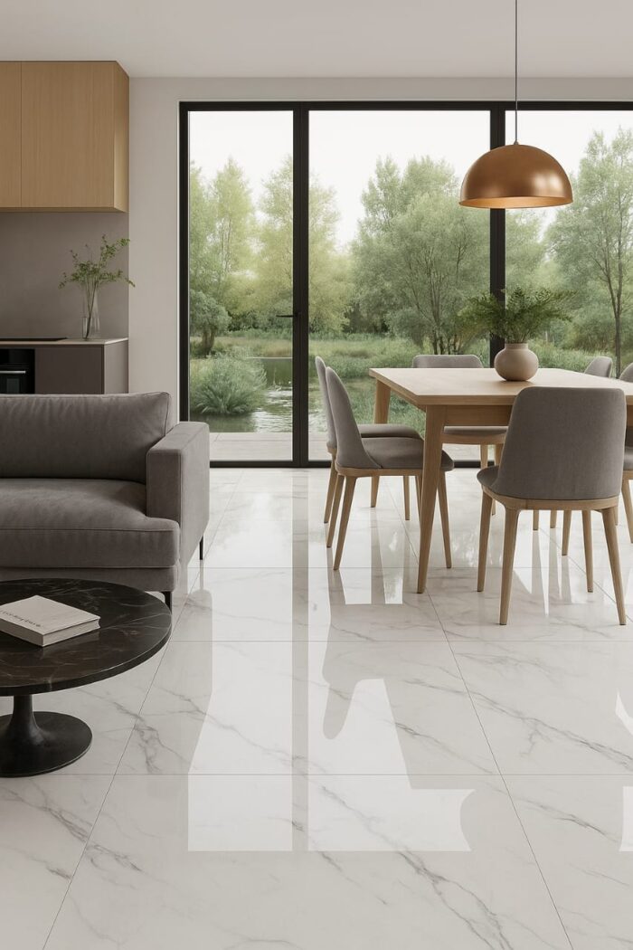 Porcelanato Carrara White 60x120 brillante, estilo mármol blanco con vetas grises. Elegancia, resistencia y diseño premium para pisos y paredes