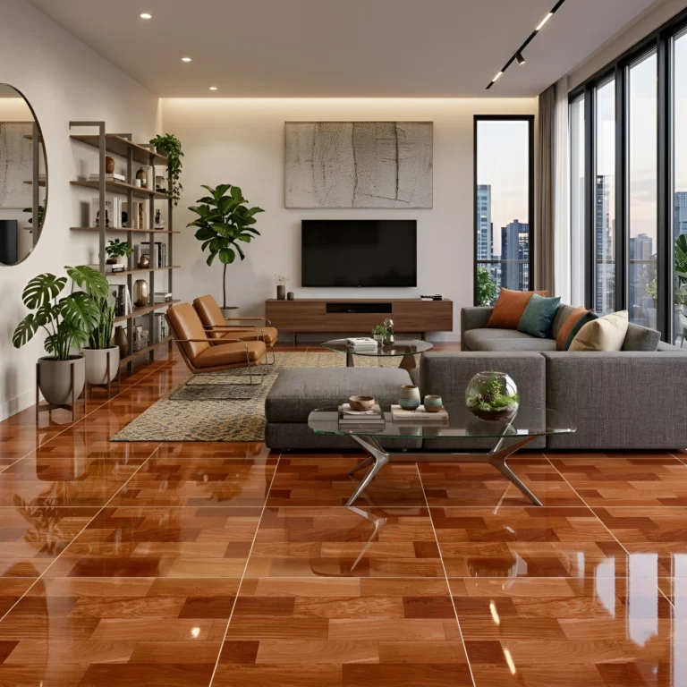 Piso cerámico tipo madera Teca Rústica 60x60 cm brillante en tonos marrones para pisos y paredes