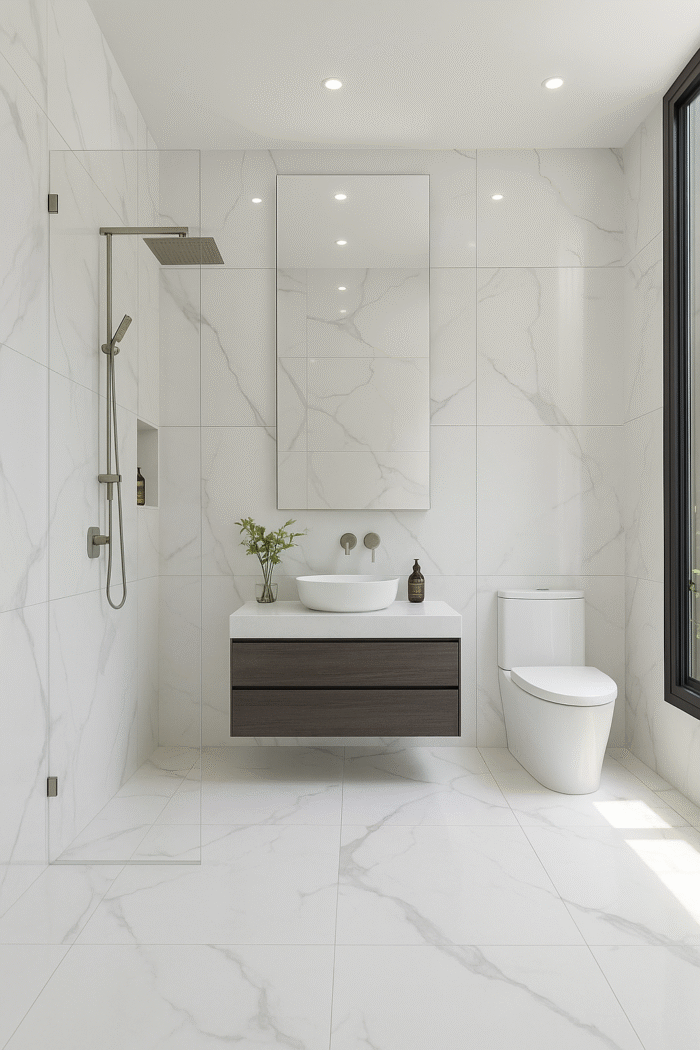 Porcelanato vitrificado con diseño sofisticado que imita el mármol natural. Su fondo blanco con vetas grises claras fluye con naturalidad.