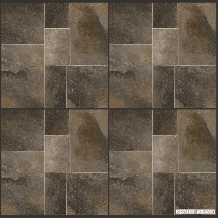 Terraza moderna con piso de porcelanato rústico 60x60 en tonos marrón y gris, ideal para exteriores elegantes y resistentes