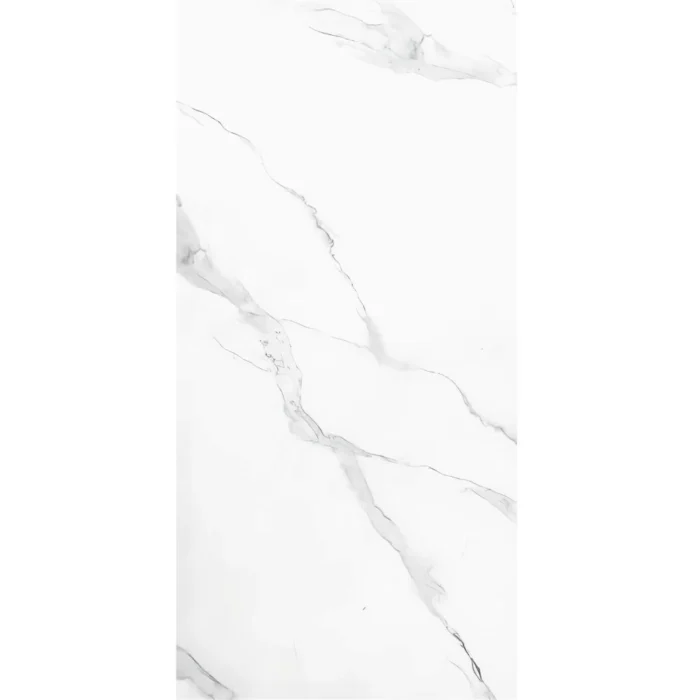 Porcelanato vitrificado Carrara White 60x120, acabado brillante tipo mármol blanco con vetas grises, ideal para pisos y paredes elegantes