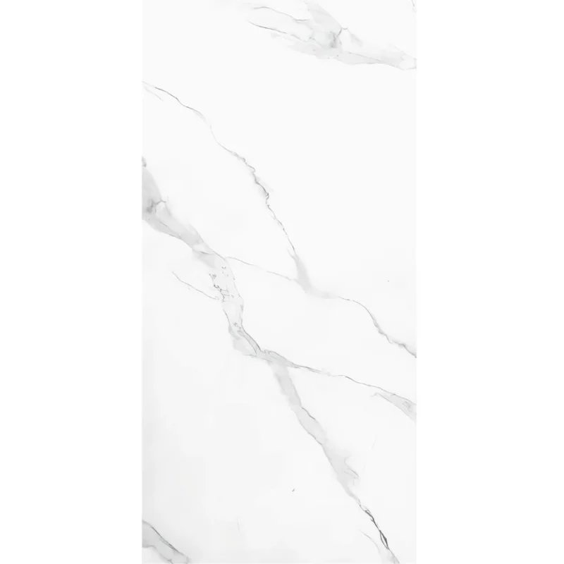 Porcelanato vitrificado Carrara White 60x120, acabado brillante tipo mármol blanco con vetas grises, ideal para pisos y paredes elegantes