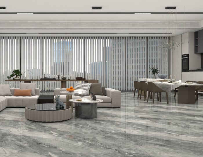 Porcelanato vitrificado Marble Grey de 60x120 cm con diseño tipo mármol gris y vetas suaves. Ideal para pisos y paredes. Disponible en Market Cerámico.