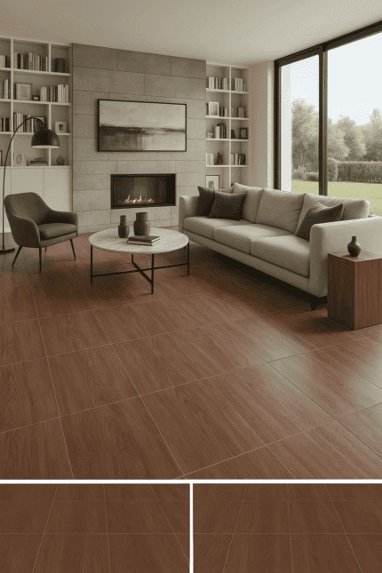 Porcelanato marrón mate 60x60 con vetas oscuras mínimas y caras variadas. Elegante, resistente y de fácil mantenimiento, perfecto para pisos y paredes en salas, cocinas, baños y ambientes modernos o clásicos.